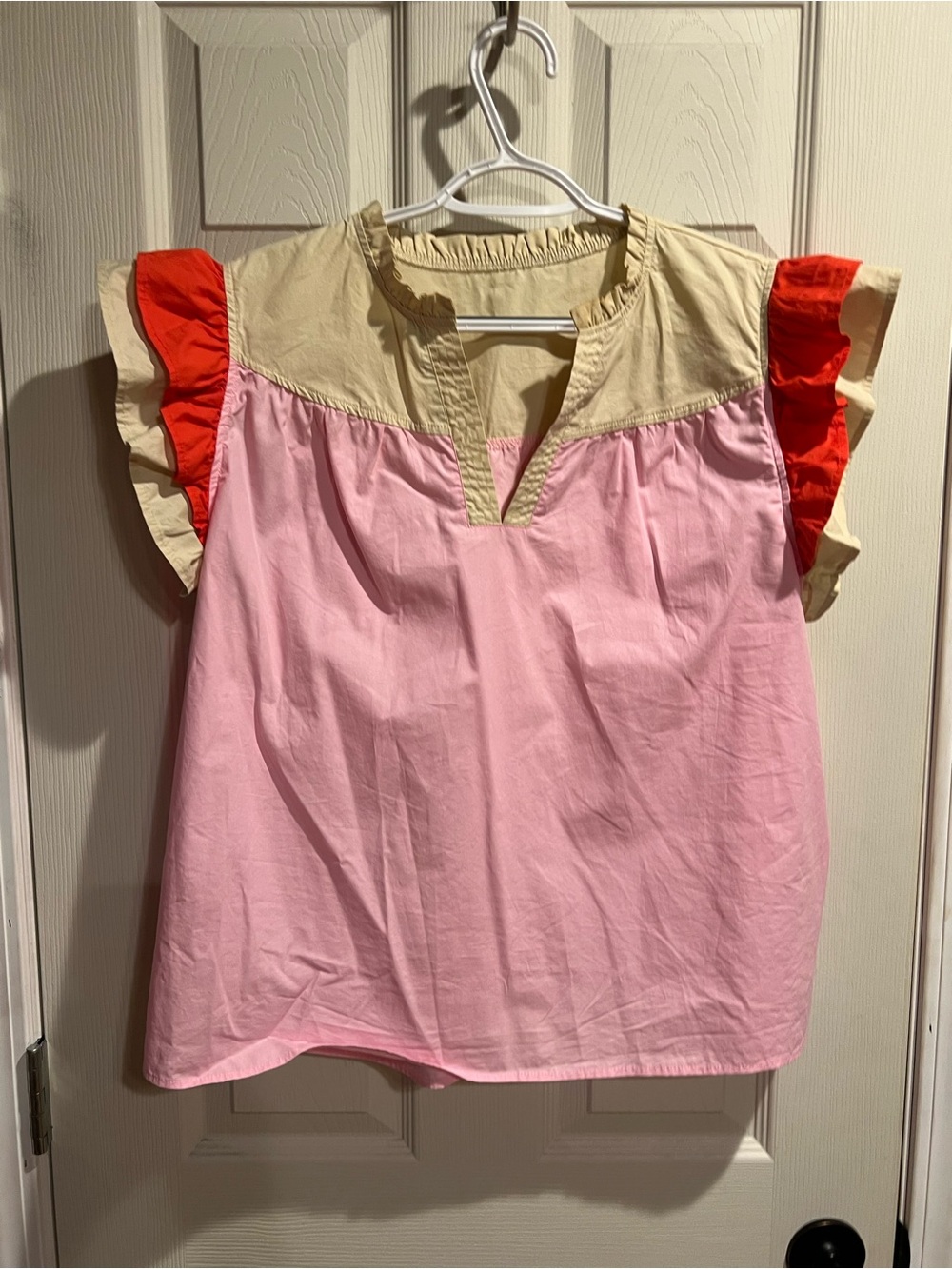 Amazon Pink and Cream Colorblock Ruffle Sleeve Top with Red Accents